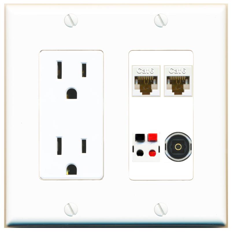RiteAV 2 CAT6 SPEAKER TOSLINK Wall Plate with 15A Power Outlet [White]