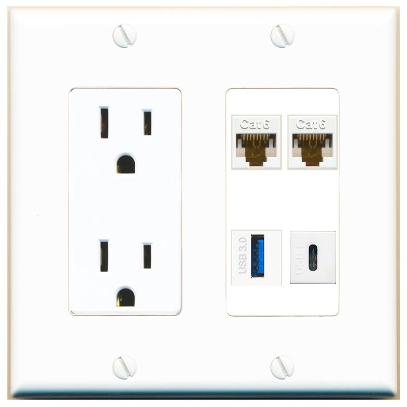 RiteAV 2 CAT6 USB-3 USBC Wall Plate with 15A Power Outlet [White]
