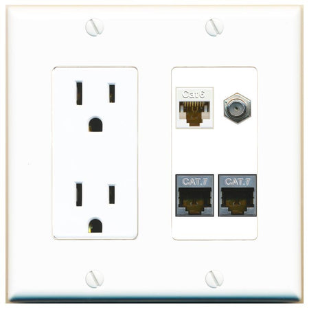 RiteAV CAT6 2 CAT7 COAX Wall Plate with 15A Power Outlet [White]