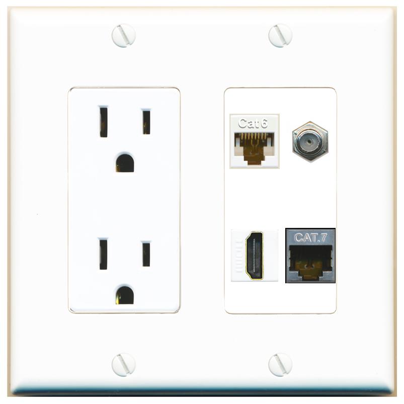 RiteAV CAT6 CAT7 COAX HDMI Wall Plate with 15A Power Outlet [White]