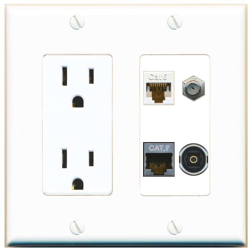 RiteAV CAT6 CAT7 COAX TOSLINK Wall Plate with 15A Power Outlet [White]