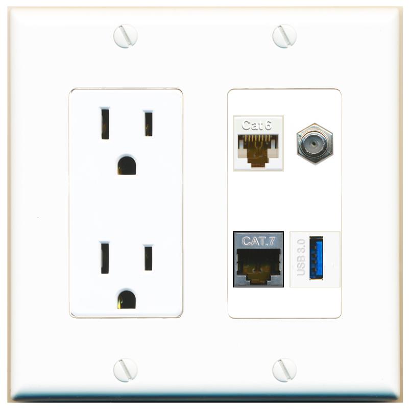 RiteAV CAT6 CAT7 COAX USB-3 Wall Plate with 15A Power Outlet [White]