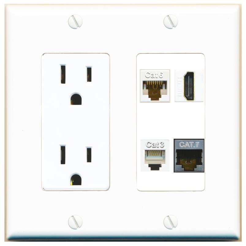 RiteAV CAT6 CAT7 HDMI PHONE Wall Plate with 15A Power Outlet [White]
