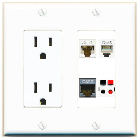 RiteAV CAT6 CAT7 PHONE SPEAKER Wall Plate with 15A Power Outlet [White]