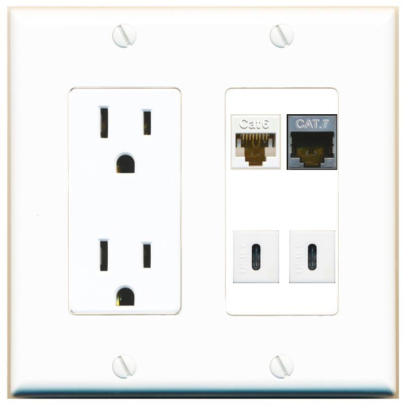 RiteAV CAT6 CAT7 2 USBC Wall Plate with 15A Power Outlet [White]