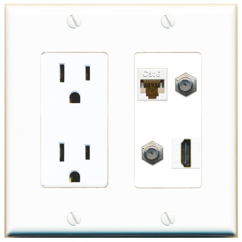RiteAV CAT6 2 COAX HDMI Wall Plate with 15A Power Outlet [White]