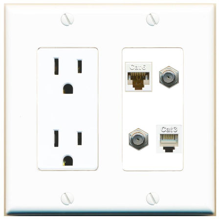 RiteAV CAT6 2 COAX PHONE Wall Plate with 15A Power Outlet [White]
