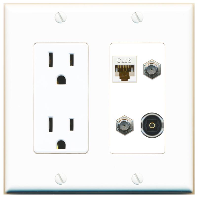 RiteAV CAT6 2 COAX TOSLINK Wall Plate with 15A Power Outlet [White]