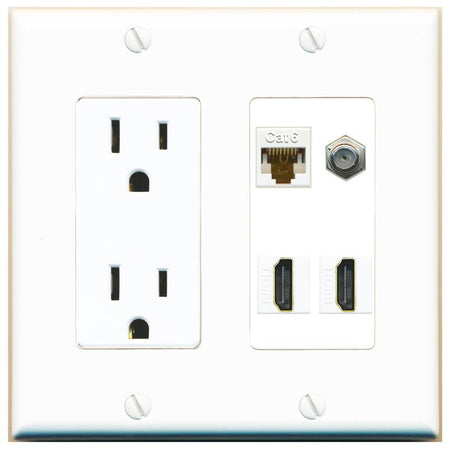 RiteAV CAT6 COAX 2 HDMI Wall Plate with 15A Power Outlet [White]