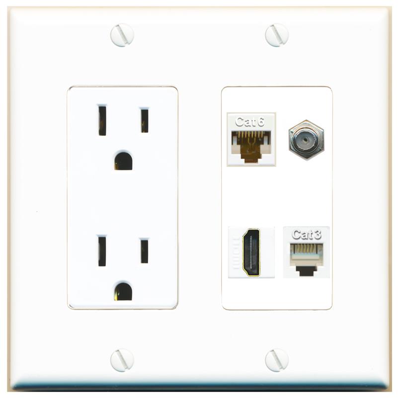 RiteAV CAT6 COAX HDMI PHONE Wall Plate with 15A Power Outlet [White]
