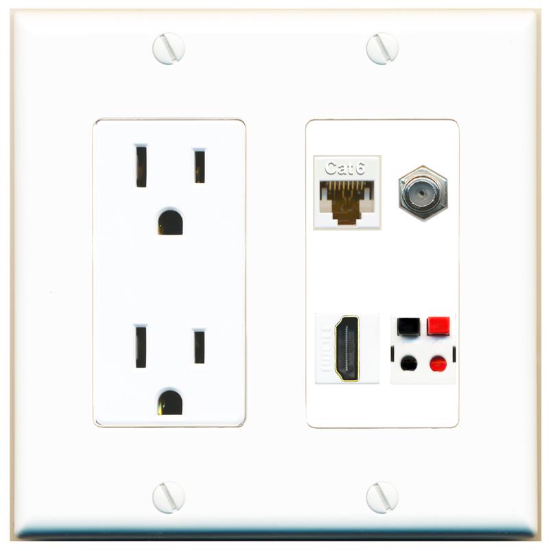 RiteAV CAT6 COAX HDMI SPEAKER Wall Plate with 15A Power Outlet [White]