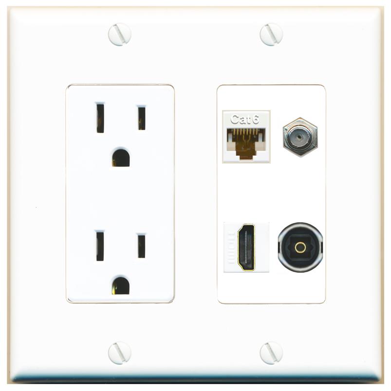 RiteAV CAT6 COAX HDMI TOSLINK Wall Plate with 15A Power Outlet [White]