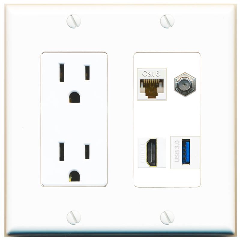 RiteAV CAT6 COAX HDMI USB-3 Wall Plate with 15A Power Outlet [White]