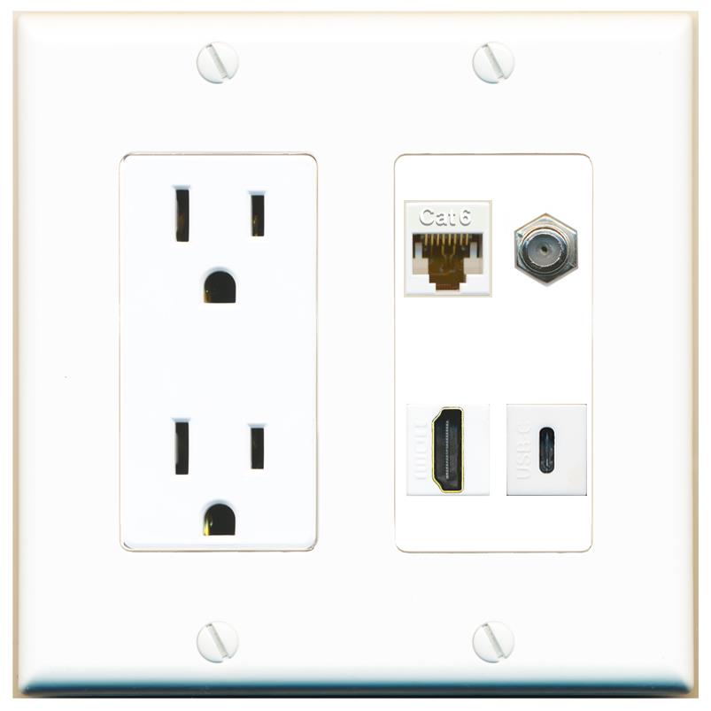 RiteAV CAT6 COAX HDMI USBC Wall Plate with 15A Power Outlet [White]