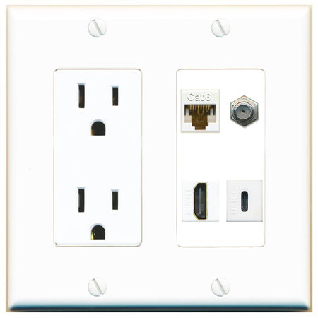 RiteAV CAT6 COAX HDMI USBC Wall Plate with 15A Power Outlet [White]