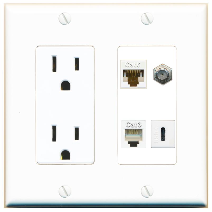 RiteAV CAT6 COAX PHONE USBC Wall Plate with 15A Power Outlet [White]