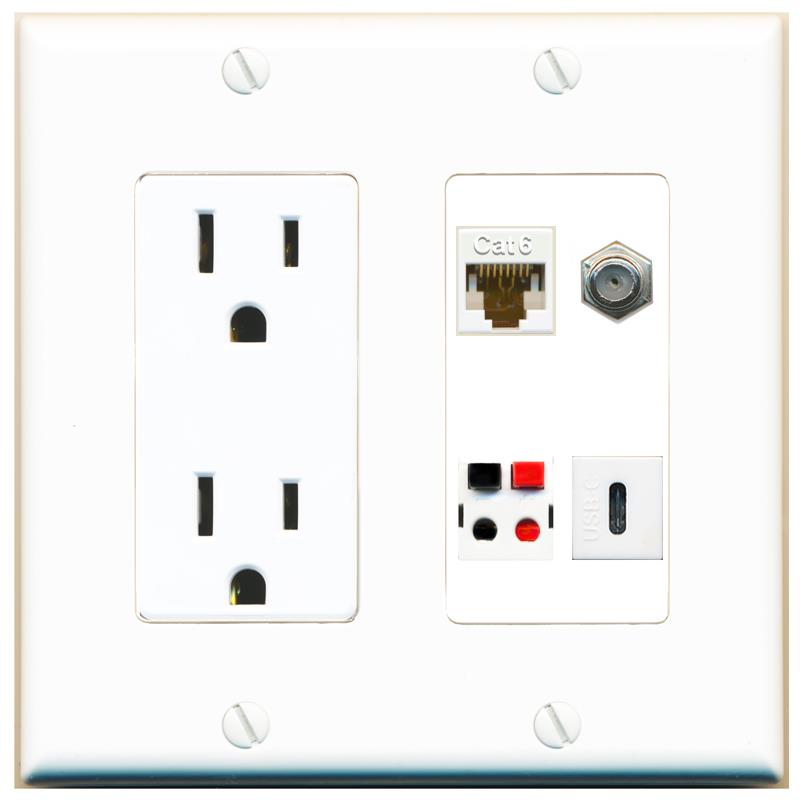 RiteAV CAT6 COAX SPEAKER USBC Wall Plate with 15A Power Outlet [White]