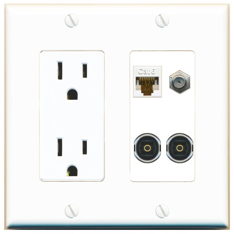 RiteAV CAT6 COAX 2 TOSLINK Wall Plate with 15A Power Outlet [White]