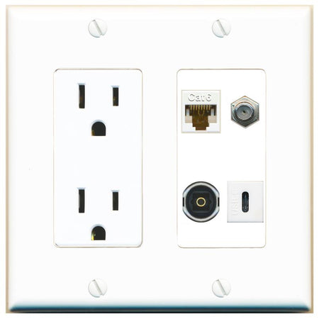 RiteAV CAT6 COAX TOSLINK USBC Wall Plate with 15A Power Outlet [White]