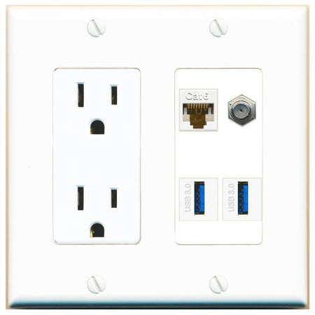 RiteAV CAT6 COAX 2 USB-3 Wall Plate with 15A Power Outlet [White]