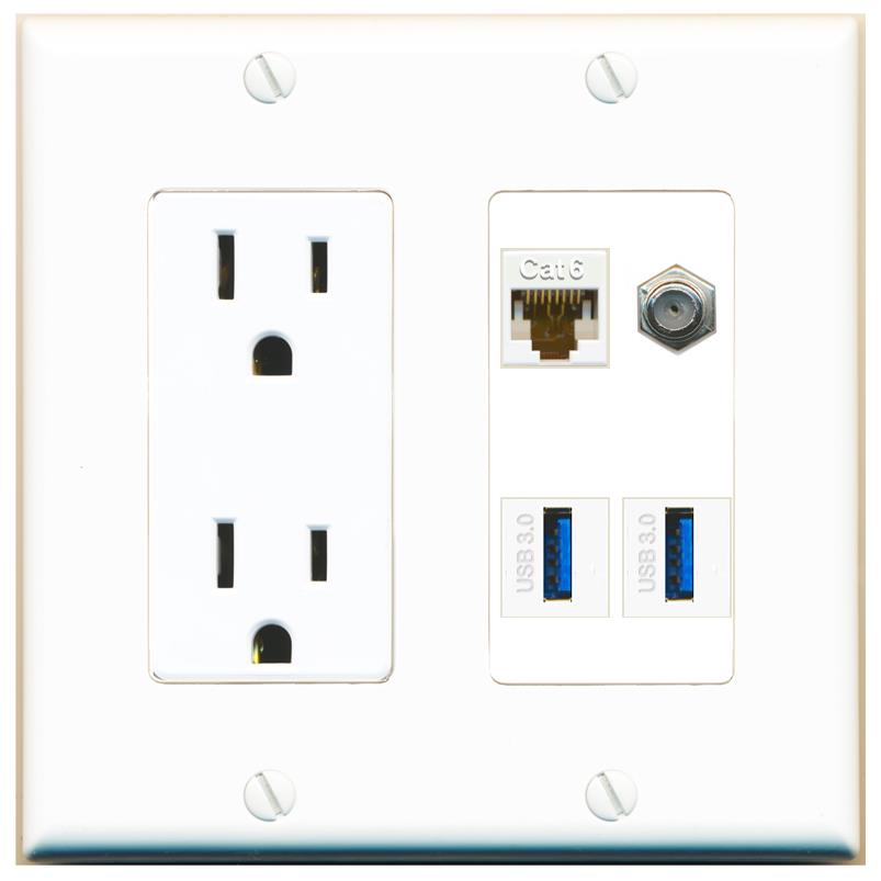 RiteAV CAT6 COAX 2 USB-3 Wall Plate with 15A Power Outlet [White]