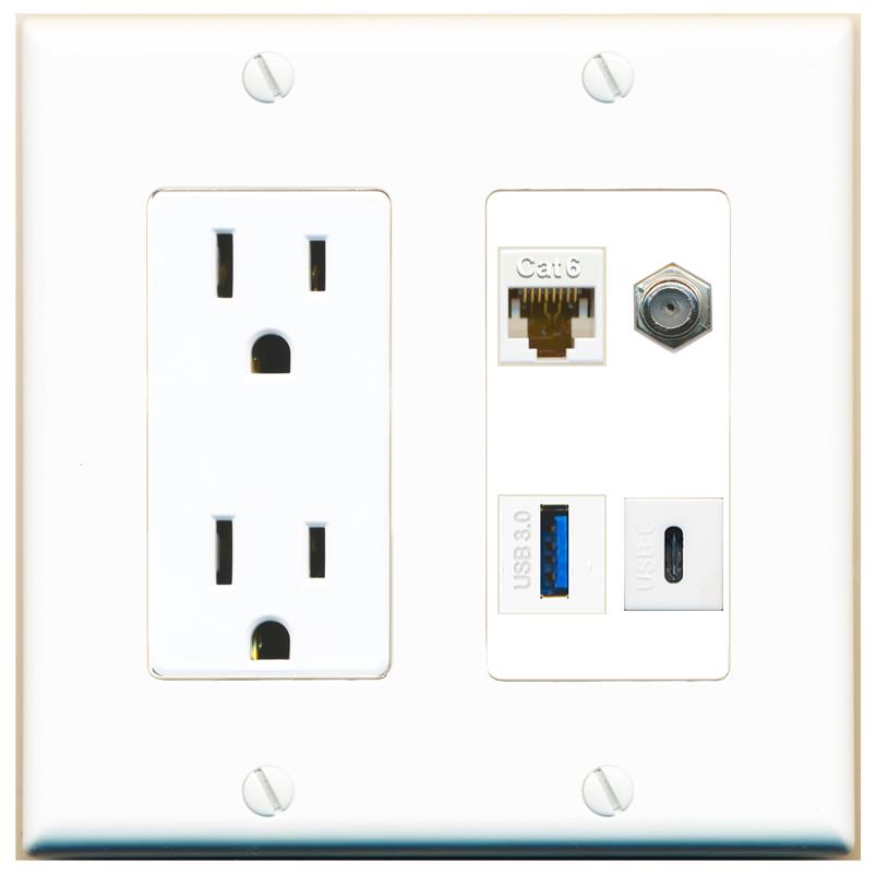 RiteAV CAT6 COAX USB-3 USBC Wall Plate with 15A Power Outlet [White]