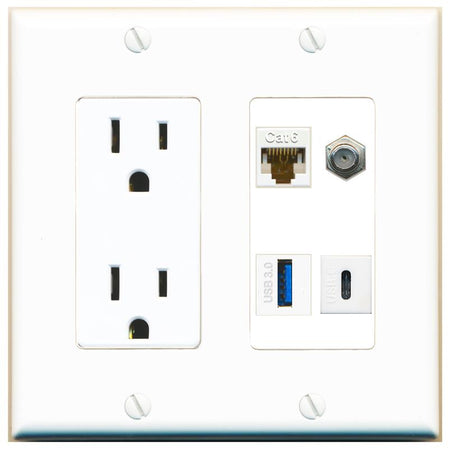 RiteAV CAT6 COAX USB-3 USBC Wall Plate with 15A Power Outlet [White]