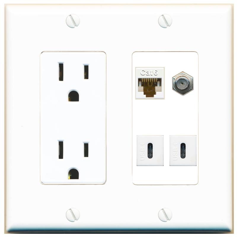 RiteAV CAT6 COAX 2 USBC Wall Plate with 15A Power Outlet [White]