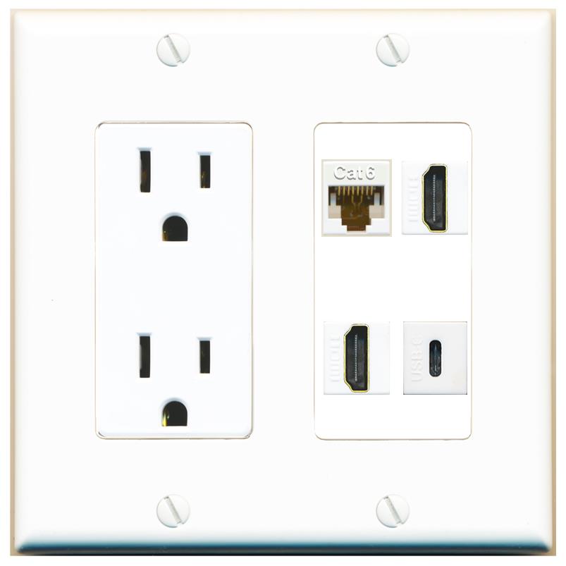 RiteAV CAT6 2 HDMI USBC Wall Plate with 15A Power Outlet [White]