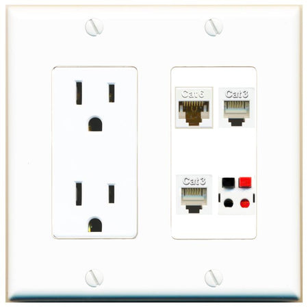 RiteAV CAT6 2 PHONE SPEAKER Wall Plate with 15A Power Outlet [White]
