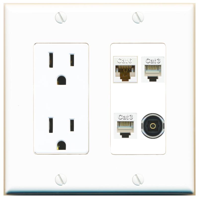 RiteAV CAT6 2 PHONE TOSLINK Wall Plate with 15A Power Outlet [White]