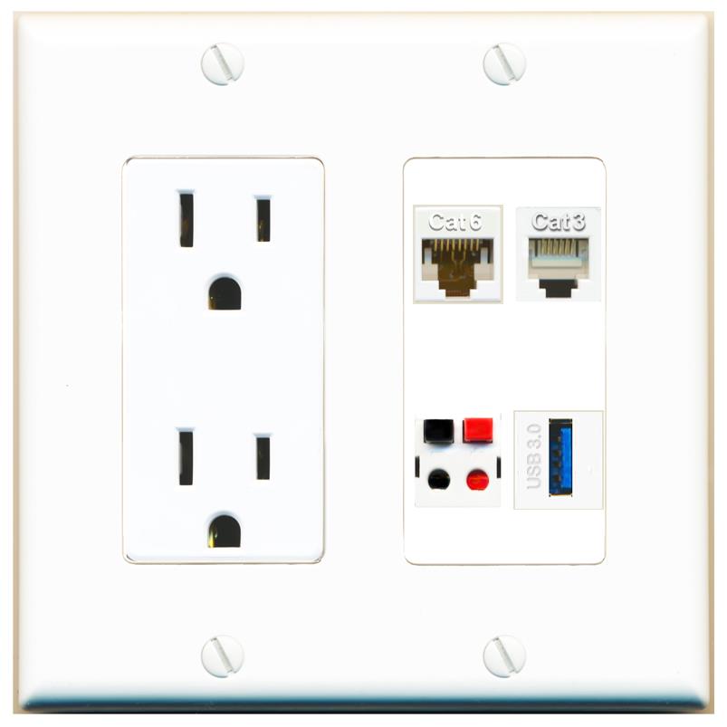 RiteAV CAT6 PHONE SPEAKER USB-3 Wall Plate with 15A Power Outlet [White]