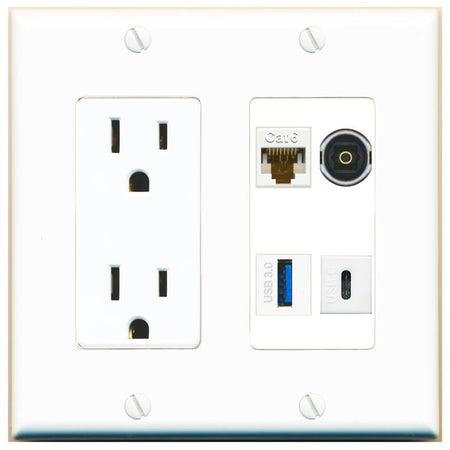 RiteAV CAT6 TOSLINK USB-3 USBC Wall Plate with 15A Power Outlet [White]