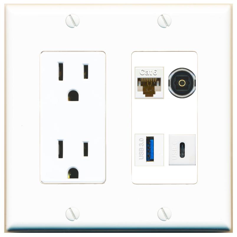 RiteAV CAT6 TOSLINK USB-3 USBC Wall Plate with 15A Power Outlet [White]
