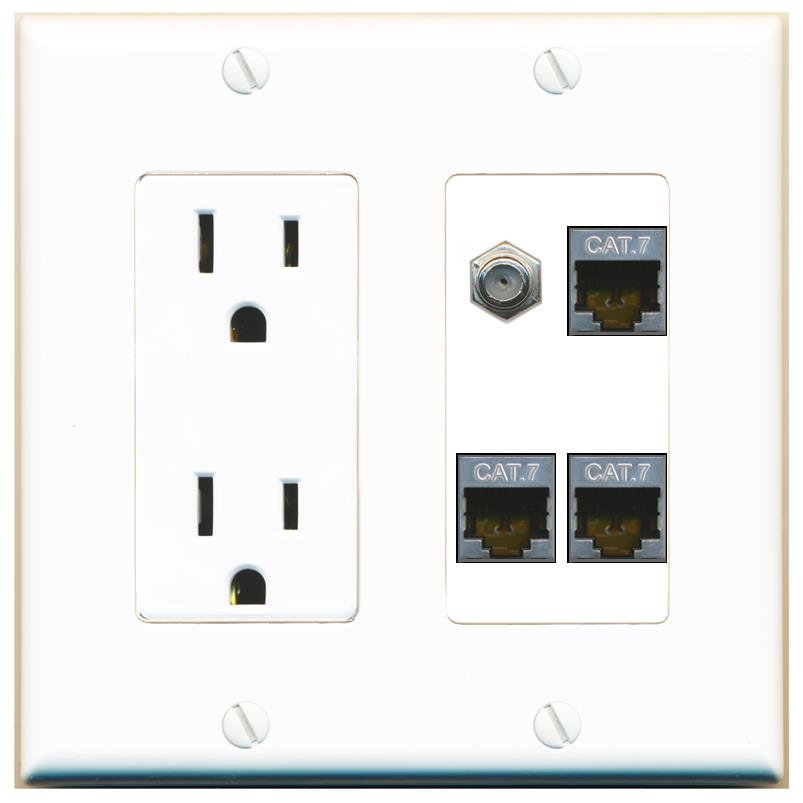 RiteAV 3 CAT7 COAX Wall Plate with 15A Power Outlet [White]