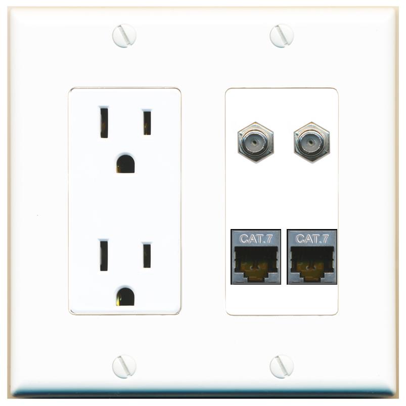 RiteAV 2 CAT7 2 COAX Wall Plate with 15A Power Outlet [White]