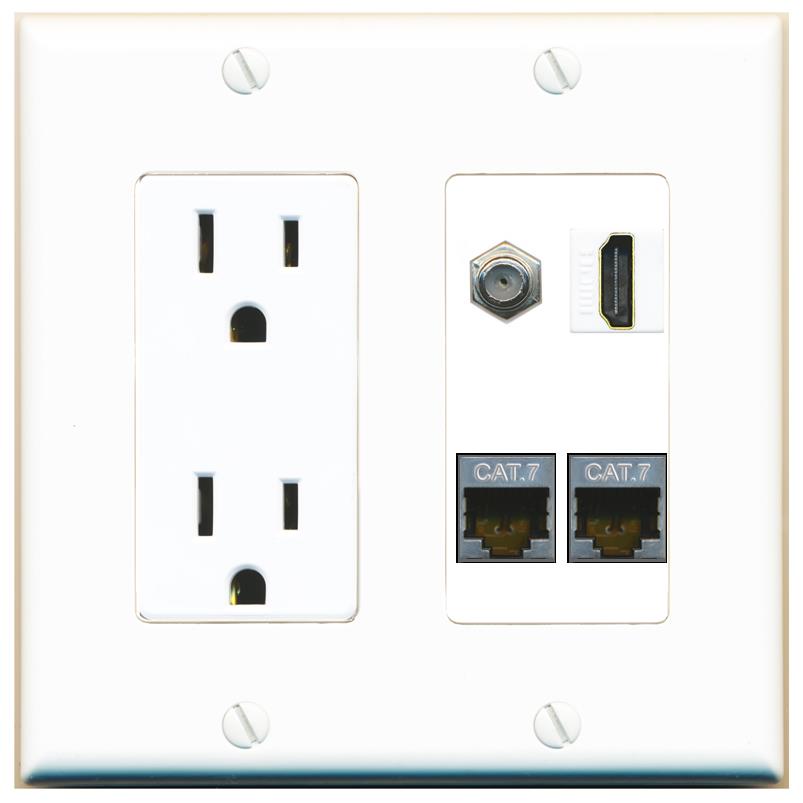RiteAV 2 CAT7 COAX HDMI Wall Plate with 15A Power Outlet [White]