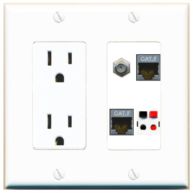 RiteAV 2 CAT7 COAX SPEAKER Wall Plate with 15A Power Outlet [White]