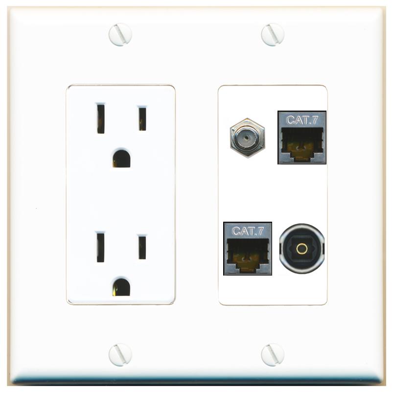 RiteAV 2 CAT7 COAX TOSLINK Wall Plate with 15A Power Outlet [White]