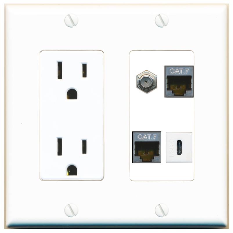 RiteAV 2 CAT7 COAX USBC Wall Plate with 15A Power Outlet [White]
