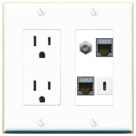 RiteAV 2 CAT7 COAX USBC Wall Plate with 15A Power Outlet [White]