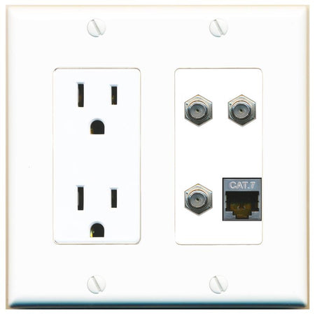RiteAV CAT7 3 COAX Wall Plate with 15A Power Outlet [White]