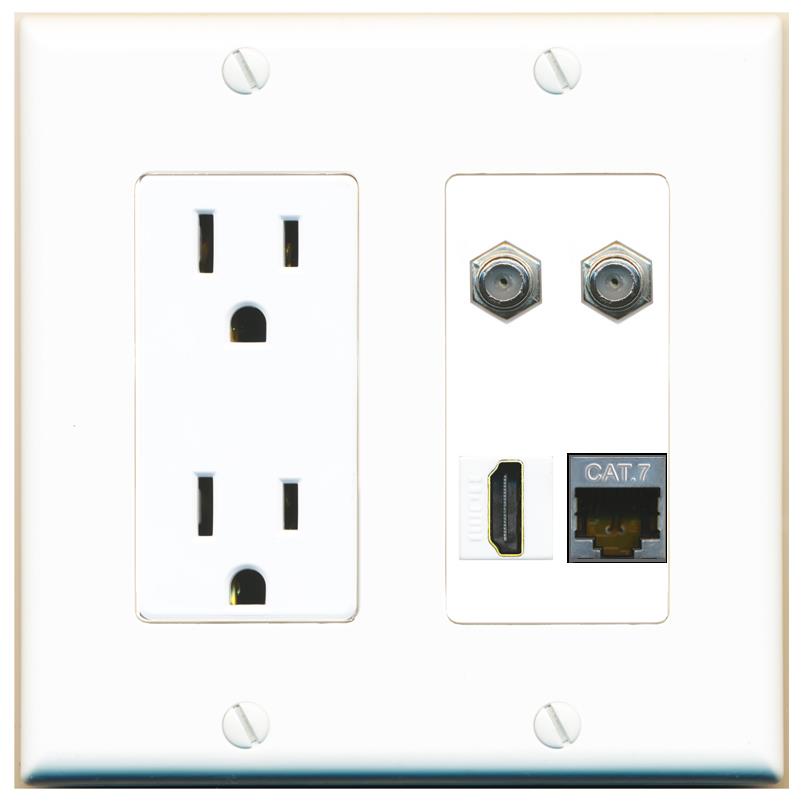 RiteAV CAT7 2 COAX HDMI Wall Plate with 15A Power Outlet [White]