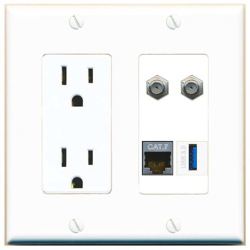 RiteAV CAT7 2 COAX USB-3 Wall Plate with 15A Power Outlet [White]