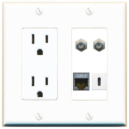 RiteAV CAT7 2 COAX USBC Wall Plate with 15A Power Outlet [White]