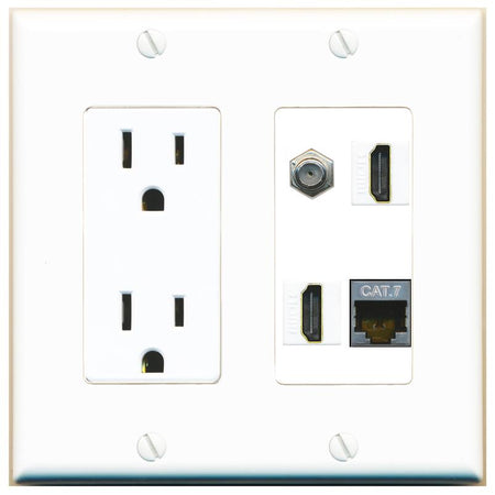 RiteAV CAT7 COAX 2 HDMI Wall Plate with 15A Power Outlet [White]