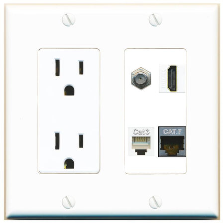 RiteAV CAT7 COAX HDMI PHONE Wall Plate with 15A Power Outlet [White]