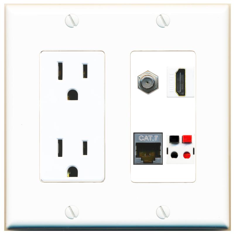 RiteAV CAT7 COAX HDMI SPEAKER Wall Plate with 15A Power Outlet [White]