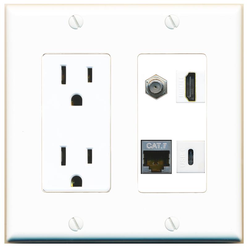 RiteAV CAT7 COAX HDMI USBC Wall Plate with 15A Power Outlet [White]
