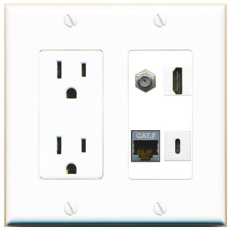 RiteAV CAT7 COAX HDMI USBC Wall Plate with 15A Power Outlet [White]
